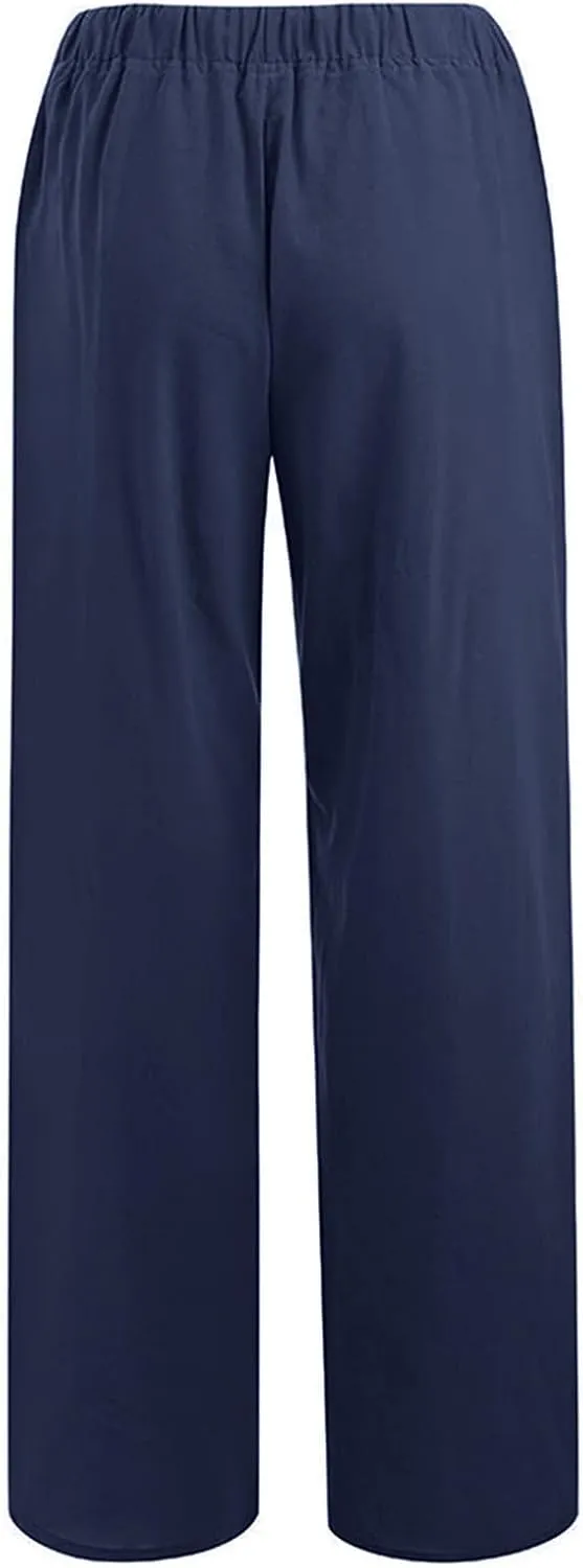 Plus Size Linen Pants for Women Summer Wide Leg Elastic Waist Trousers Breathable Wrinkle-Free Beach Vacation Wear