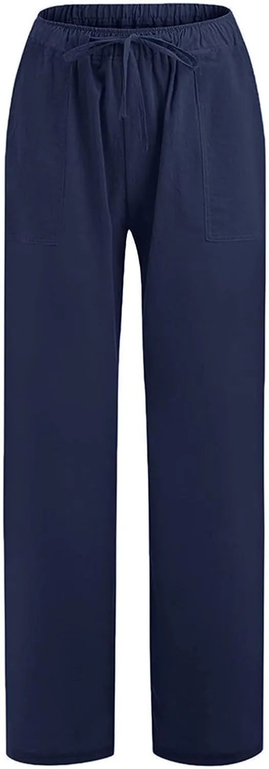 Plus Size Linen Pants for Women Summer Wide Leg Elastic Waist Trousers Breathable Wrinkle-Free Beach Vacation Wear