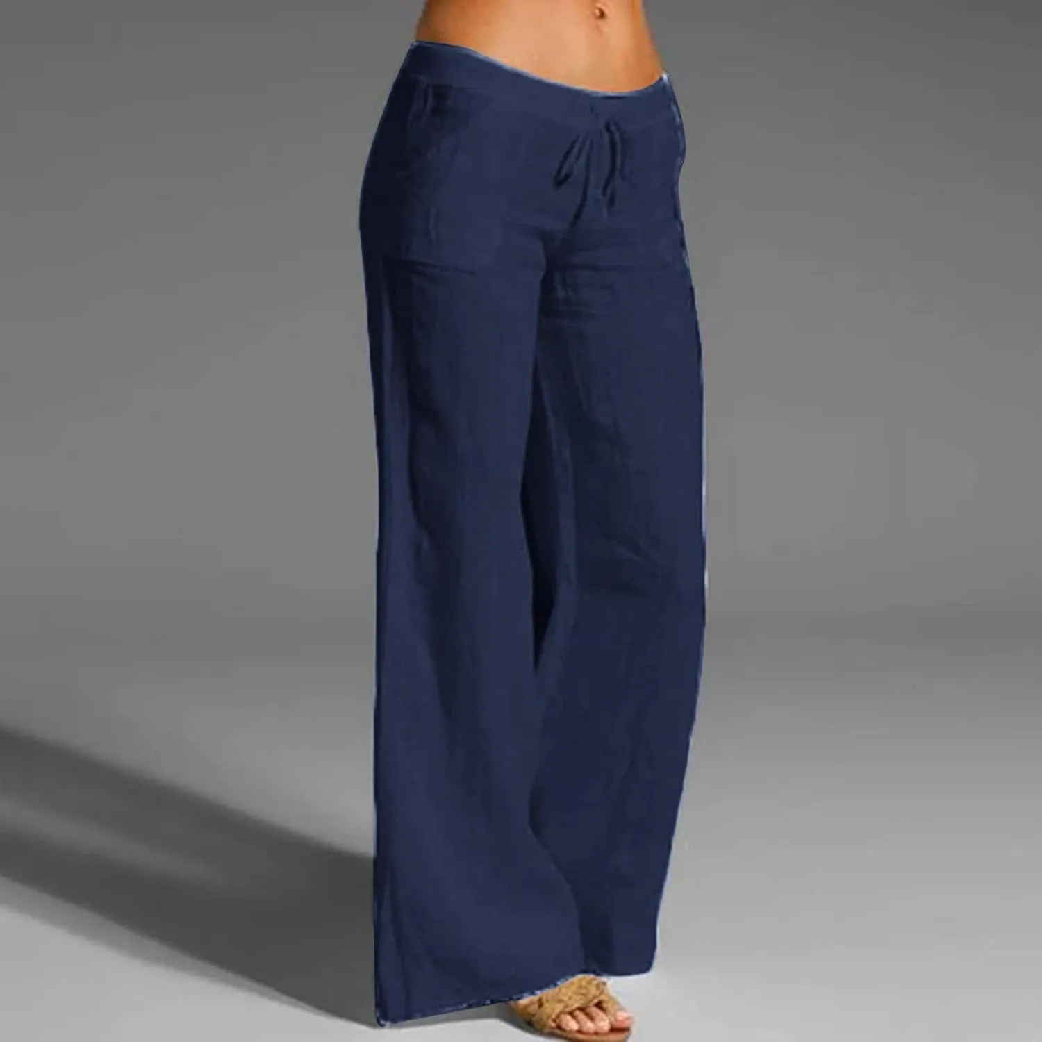 Plus Size Linen Pants for Women Summer Wide Leg Elastic Waist Trousers Breathable Wrinkle-Free Beach Vacation Wear