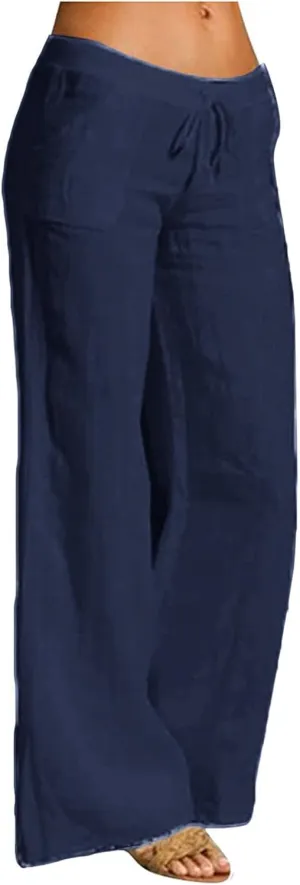 Plus Size Linen Pants for Women Summer Wide Leg Elastic Waist Trousers Breathable Wrinkle-Free Beach Vacation Wear