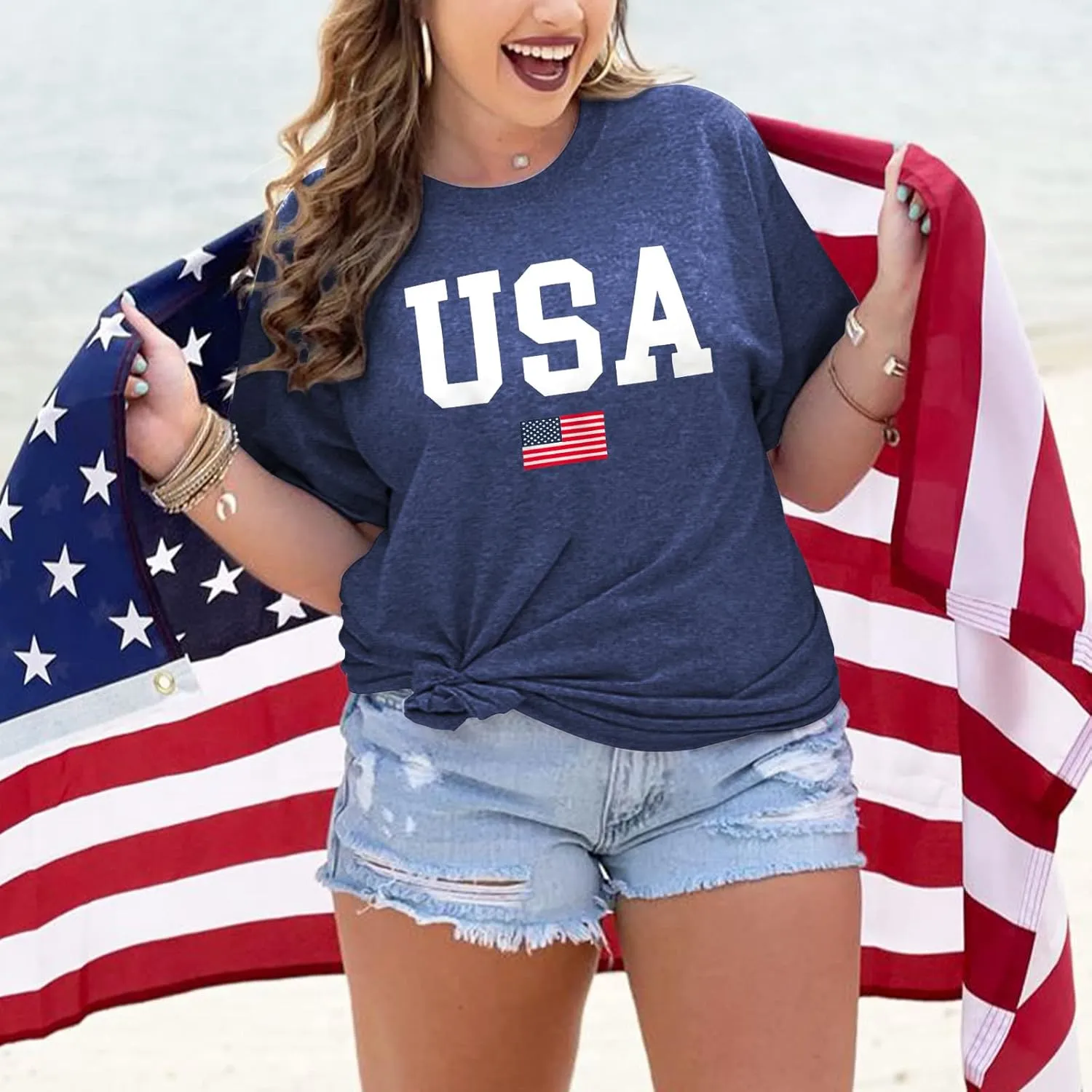Plus Size USA Flag Shirt for Women 4th of July American Flag Print Tee Tops Short Sleeve Patriotic T-Shirt Blouse