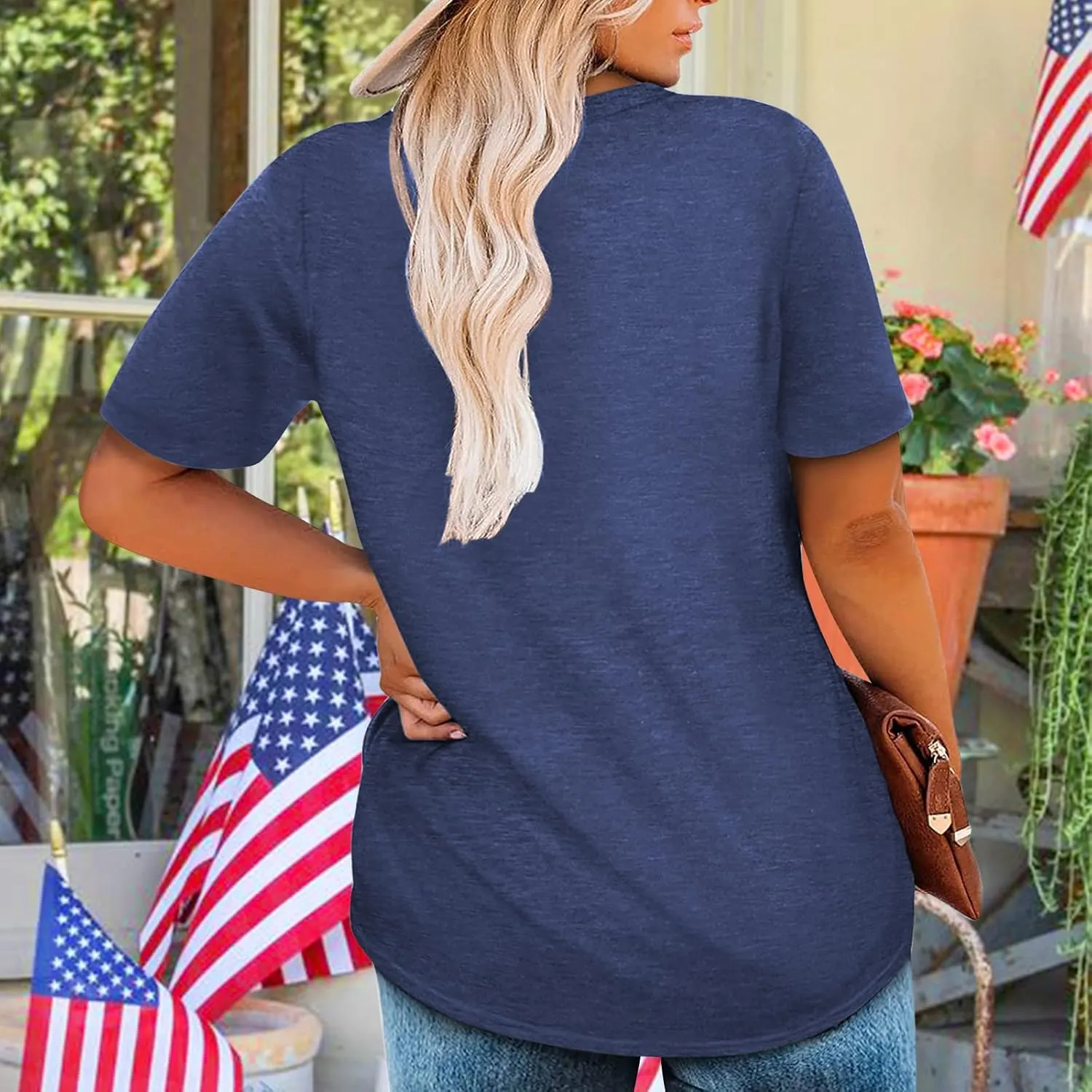 Plus Size USA Flag Shirt for Women 4th of July American Flag Print Tee Tops Short Sleeve Patriotic T-Shirt Blouse