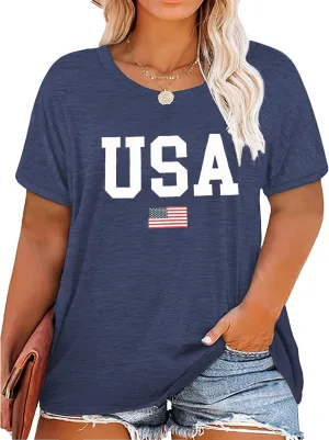 Plus Size USA Flag Shirt for Women 4th of July American Flag Print Tee Tops Short Sleeve Patriotic T-Shirt Blouse