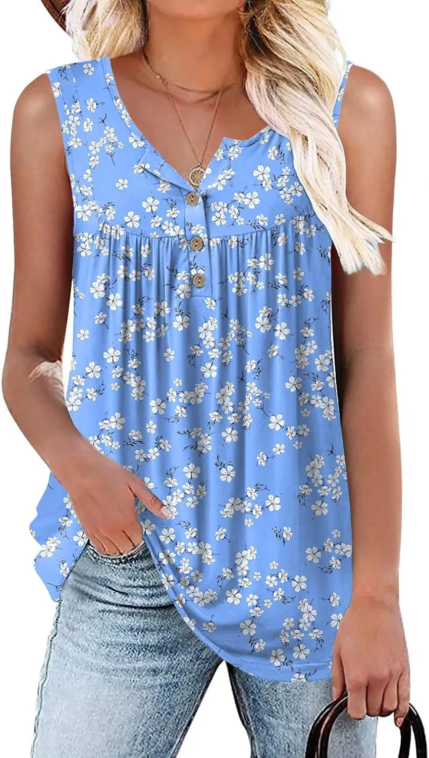 POPYOUNG Womens Summer Tank Tops Sleeveless Loose Fit Henley Button Down Shirts to Wear with Leggings Casual Pleated Blouse