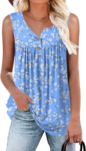 POPYOUNG Womens Summer Tank Tops Sleeveless Loose Fit Henley Button Down Shirts to Wear with Leggings Casual Pleated Blouse