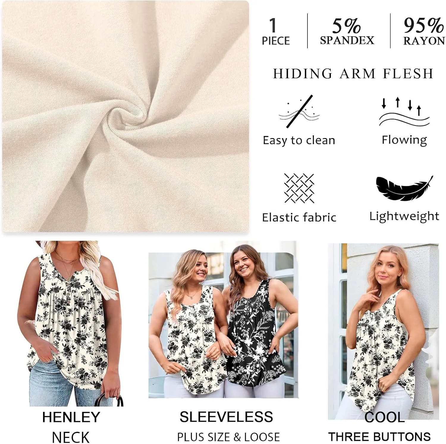 POPYOUNG Womens Summer Tank Tops Sleeveless Loose Fit Henley Button Down Shirts to Wear with Leggings Casual Pleated Blouse