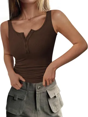 PRETTYGARDEN Womens 2025 Summer Tank Tops Ribbed Knit Slim Fit Sleeveless Henley Shirts Casual Basic Button Up Blouse