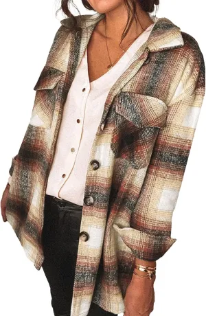 PRETTYGARDEN Women's Fall Clothes Plaid Shacket Jacket Trendy Casual Long Sleeve Button Down Flannel Shirts Fashion Blouse
