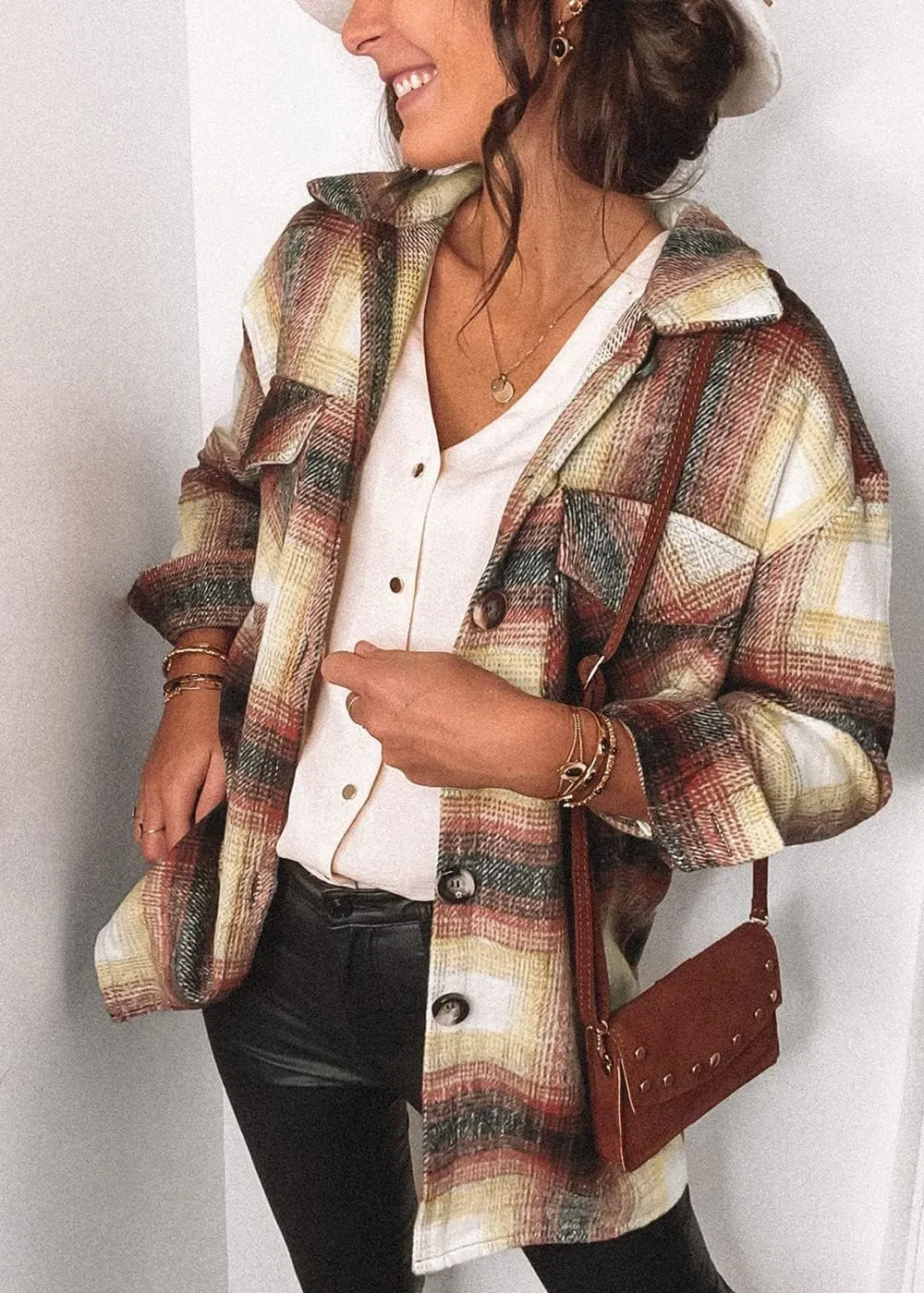 PRETTYGARDEN Women's Fall Clothes Plaid Shacket Jacket Trendy Casual Long Sleeve Button Down Flannel Shirts Fashion Blouse