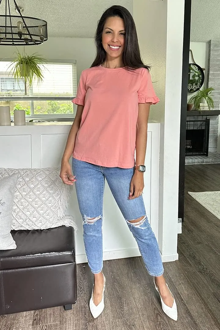 PRETTYGARDEN Women's Short Sleeve Casual T Shirts Summer Ruffle Plain Round Neck Loose Fit Tee Blouse Tops