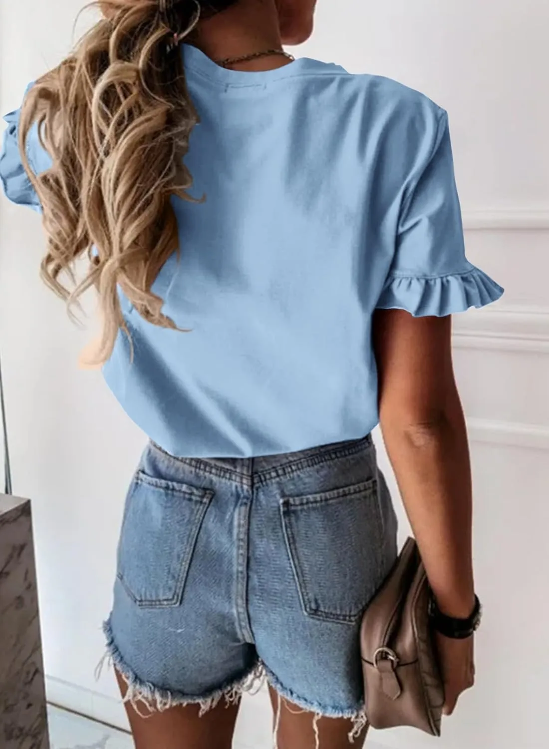 PRETTYGARDEN Women's Short Sleeve Casual T Shirts Summer Ruffle Plain Round Neck Loose Fit Tee Blouse Tops