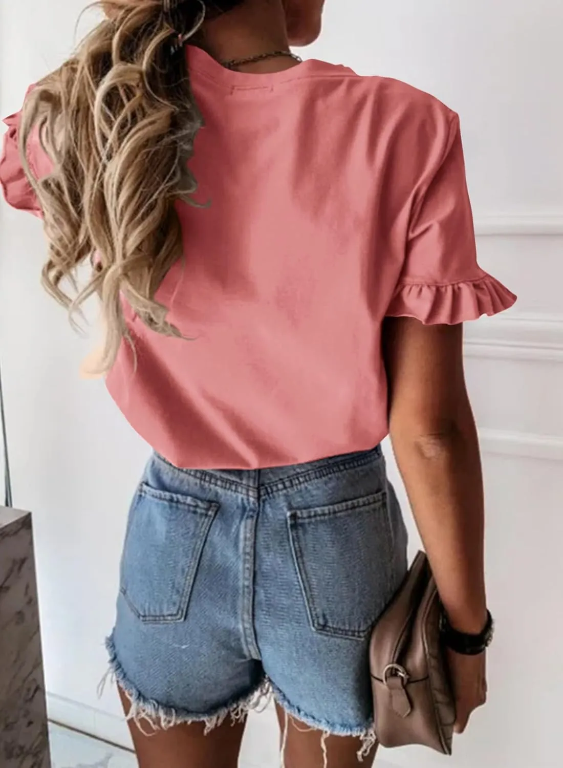 PRETTYGARDEN Women's Short Sleeve Casual T Shirts Summer Ruffle Plain Round Neck Loose Fit Tee Blouse Tops