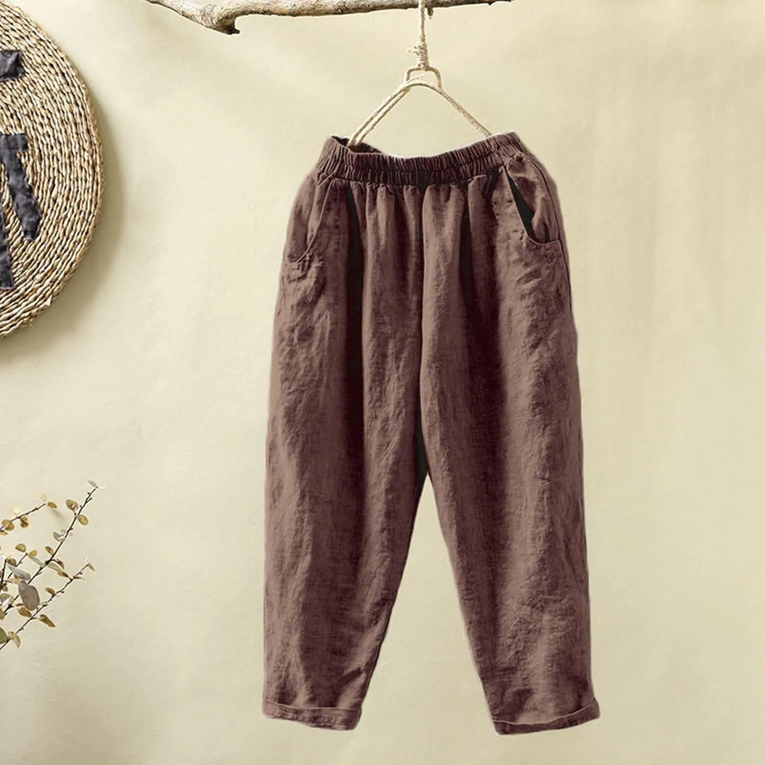 PTOLOCIF Cotton Linen Pants Women,Casual Cotton Linen Pants Lightweight Elastic Waist Pant Summer Lounge Drawstring Pants