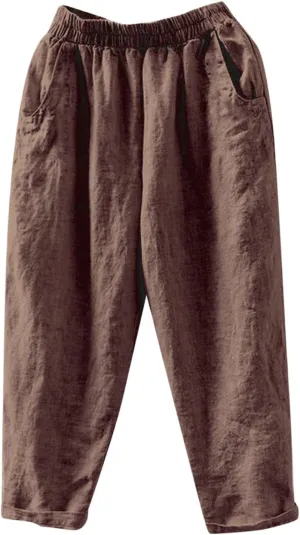 PTOLOCIF Cotton Linen Pants Women,Casual Cotton Linen Pants Lightweight Elastic Waist Pant Summer Lounge Drawstring Pants