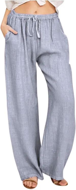 PTOLOCIF Cotton Linen Pants Women,Wide Leg Harem Pants Loose Elastic Waist Palazzo Pants Comfy Lounge Baggy Sweatpants