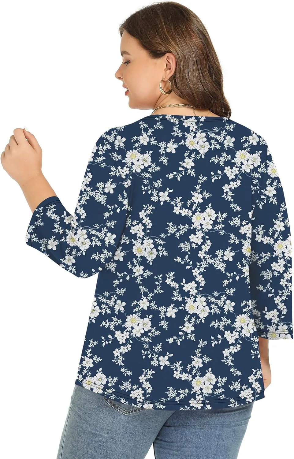 Rapbin Womens Plus Size 3/4 Length Sleeve Tops Boat Neck Loose Fit Tee Tunic Blouse XL-5XL