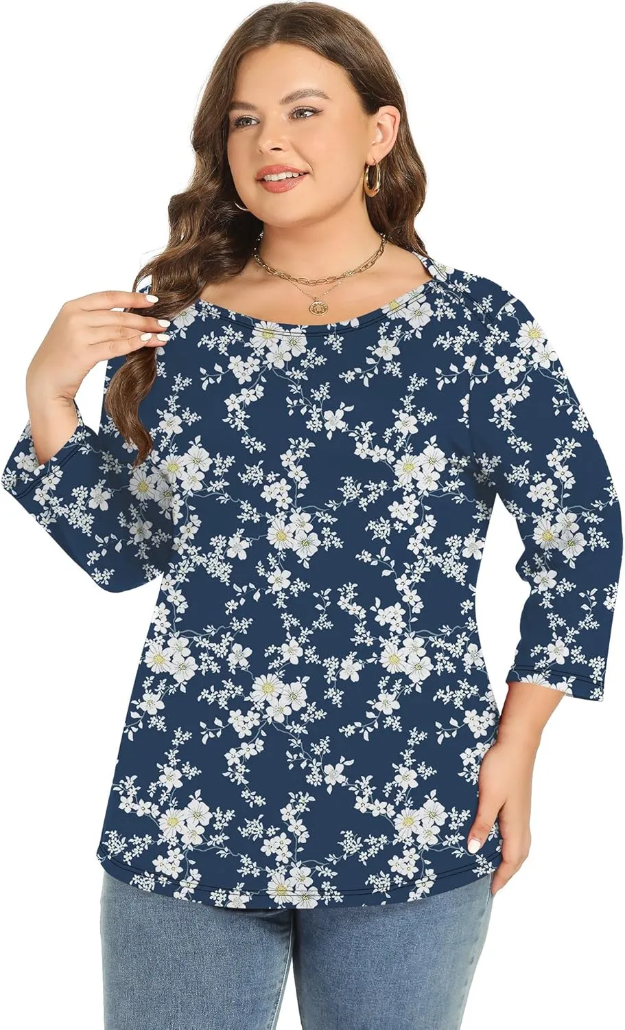 Rapbin Womens Plus Size 3/4 Length Sleeve Tops Boat Neck Loose Fit Tee Tunic Blouse XL-5XL