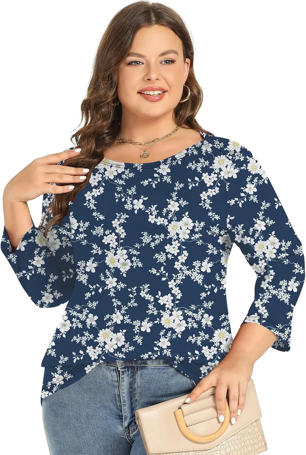 Rapbin Womens Plus Size 3/4 Length Sleeve Tops Boat Neck Loose Fit Tee Tunic Blouse XL-5XL