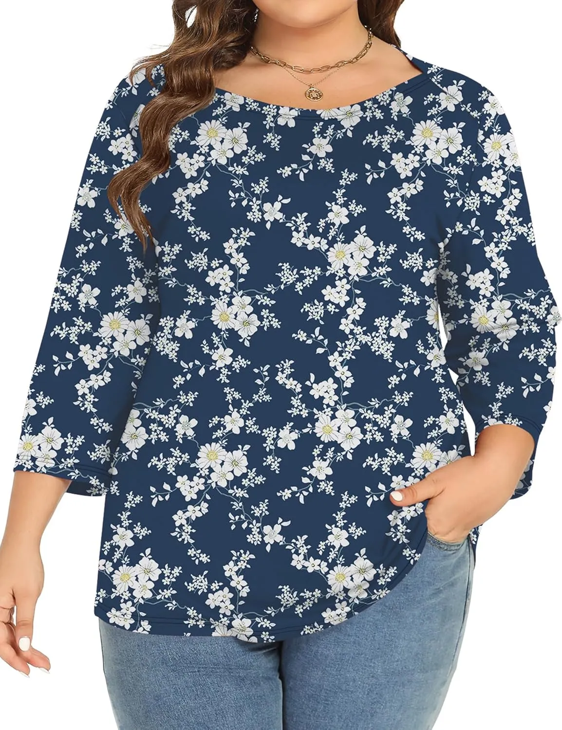 Rapbin Womens Plus Size 3/4 Length Sleeve Tops Boat Neck Loose Fit Tee Tunic Blouse XL-5XL