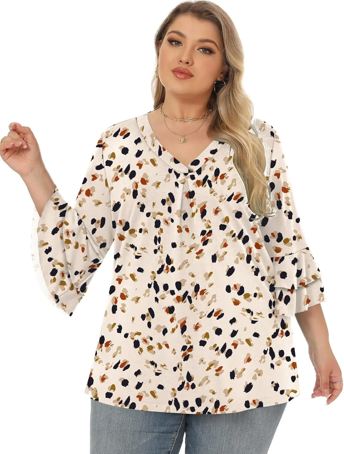Rapbin Womens Plus Size Tops 3/4 Length Sleeve V Neck Pleated Shirts Loose Fit Tunic Blouse (1X-5X)