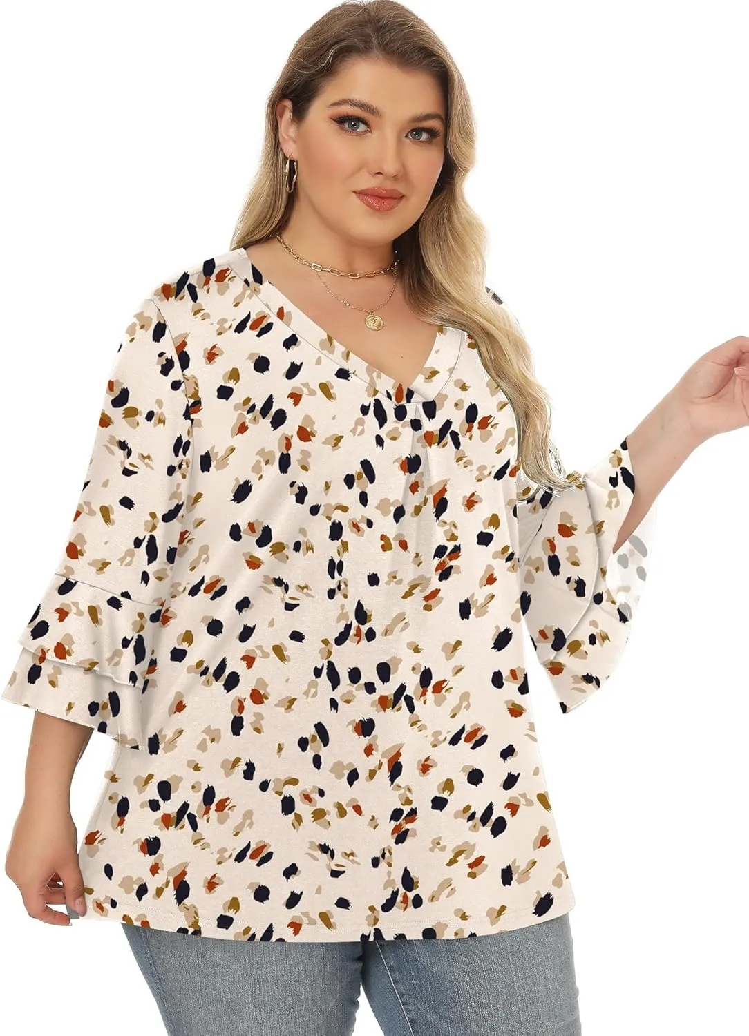 Rapbin Womens Plus Size Tops 3/4 Length Sleeve V Neck Pleated Shirts Loose Fit Tunic Blouse (1X-5X)