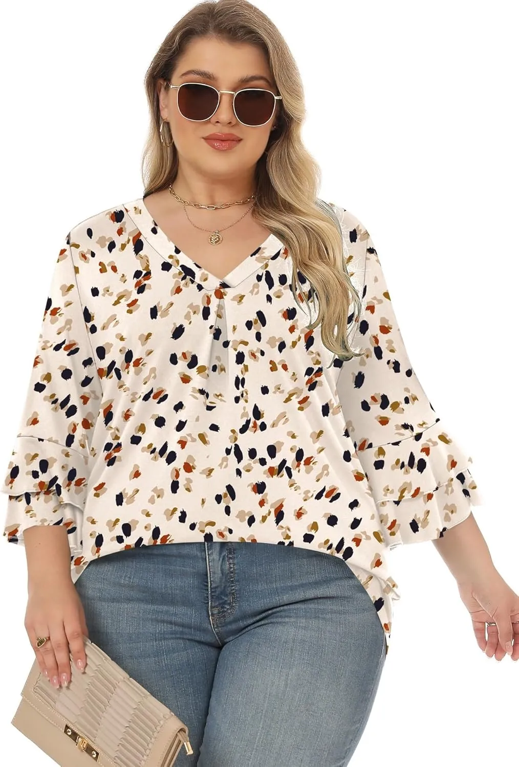 Rapbin Womens Plus Size Tops 3/4 Length Sleeve V Neck Pleated Shirts Loose Fit Tunic Blouse (1X-5X)