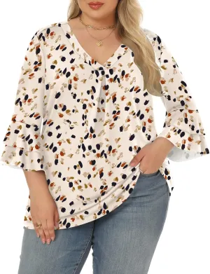 Rapbin Womens Plus Size Tops 3/4 Length Sleeve V Neck Pleated Shirts Loose Fit Tunic Blouse (1X-5X)