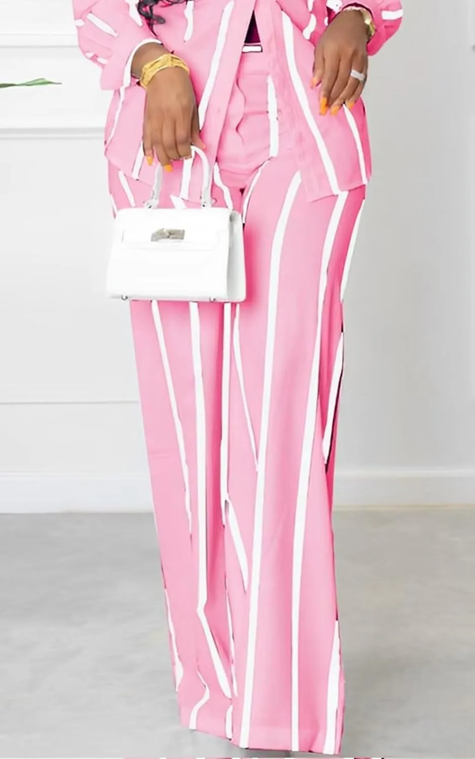 Remelon Women's Casual Two Piece Outfits Striped Long Sleeve Collar Button Down Shirt Blouse High Waist Wide Leg Pants Sets
