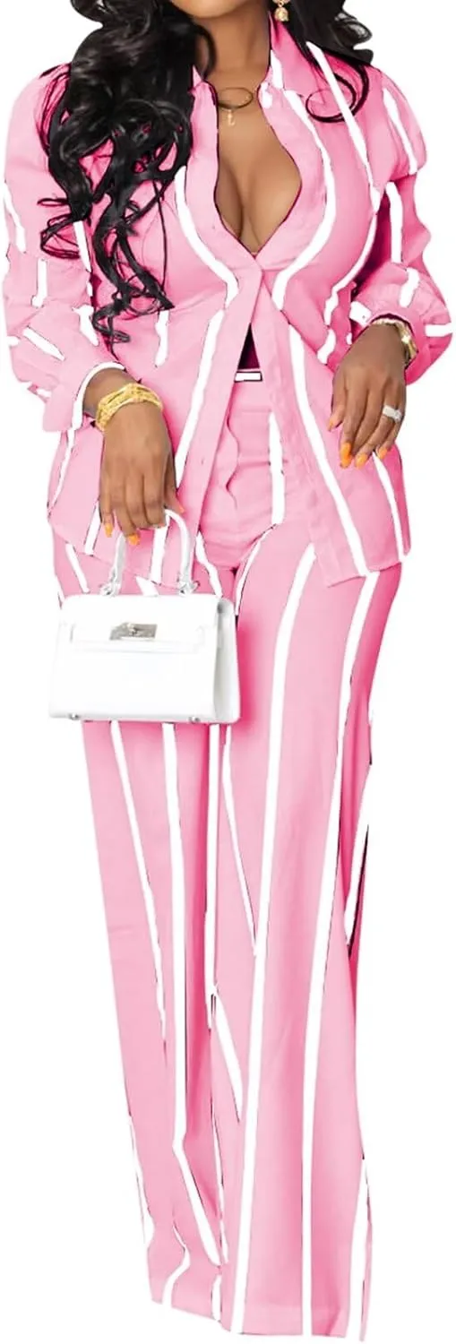 Remelon Women's Casual Two Piece Outfits Striped Long Sleeve Collar Button Down Shirt Blouse High Waist Wide Leg Pants Sets