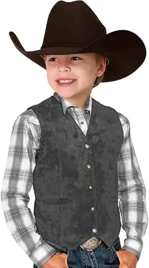 Retro Boys Cowboy Vest Vintage Faux Suede Leather Costume Style Outerwear Suits Western Sleeveless Casual Slim Fit Waistcoats