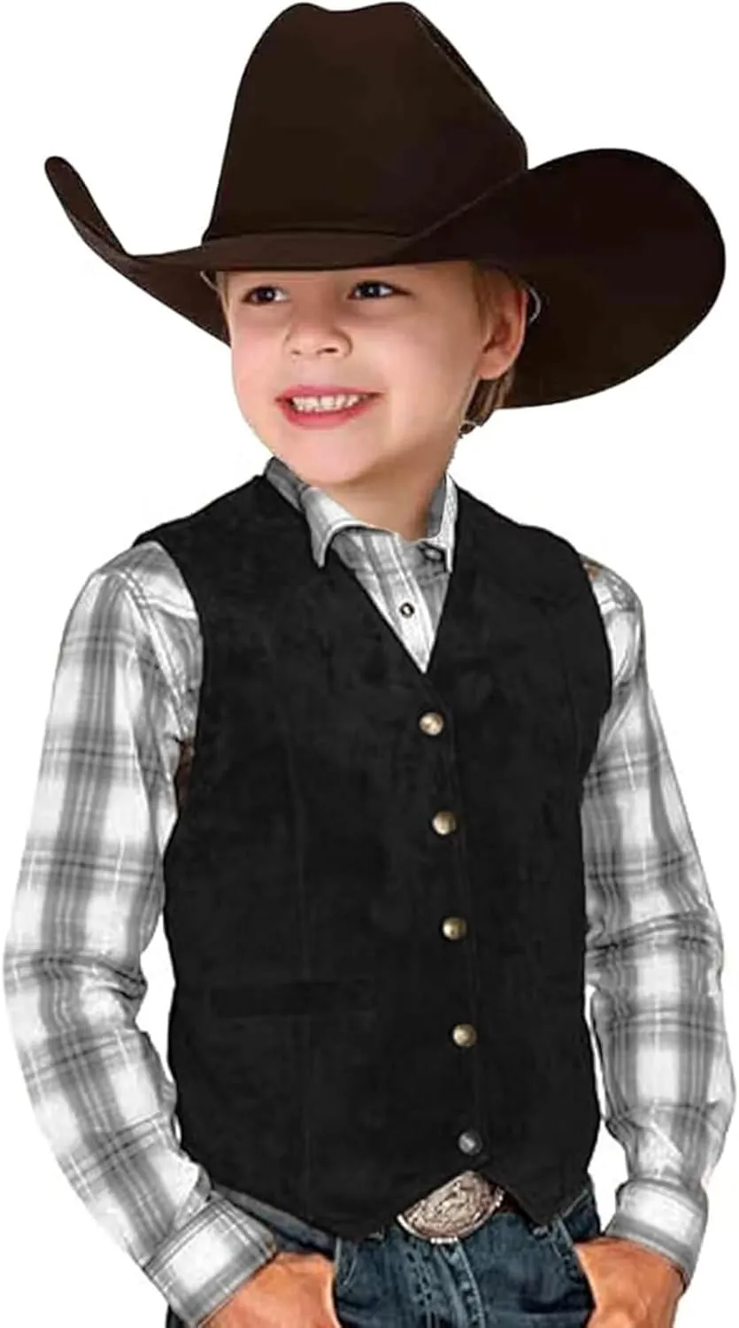 Retro Boys Cowboy Vest Vintage Faux Suede Leather Costume Style Outerwear Suits Western Sleeveless Casual Slim Fit Waistcoats