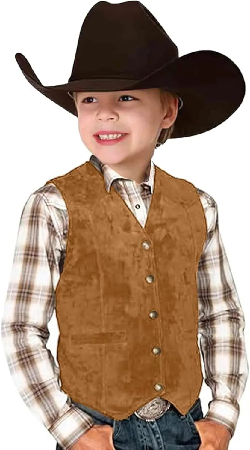 Retro Boys Cowboy Vest Vintage Faux Suede Leather Costume Style Outerwear Suits Western Sleeveless Casual Slim Fit Waistcoats
