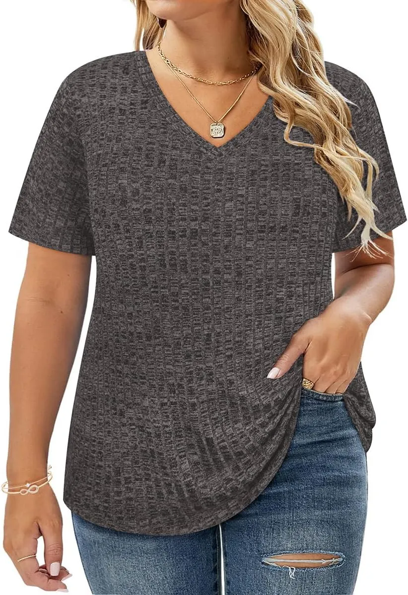 RITERA Plus Size Tops for Women Short Sleeve V Neck Solid Loose Ribbed T Shirts Causual Tunics Summer Tie Dye Blouse XL-5XL
