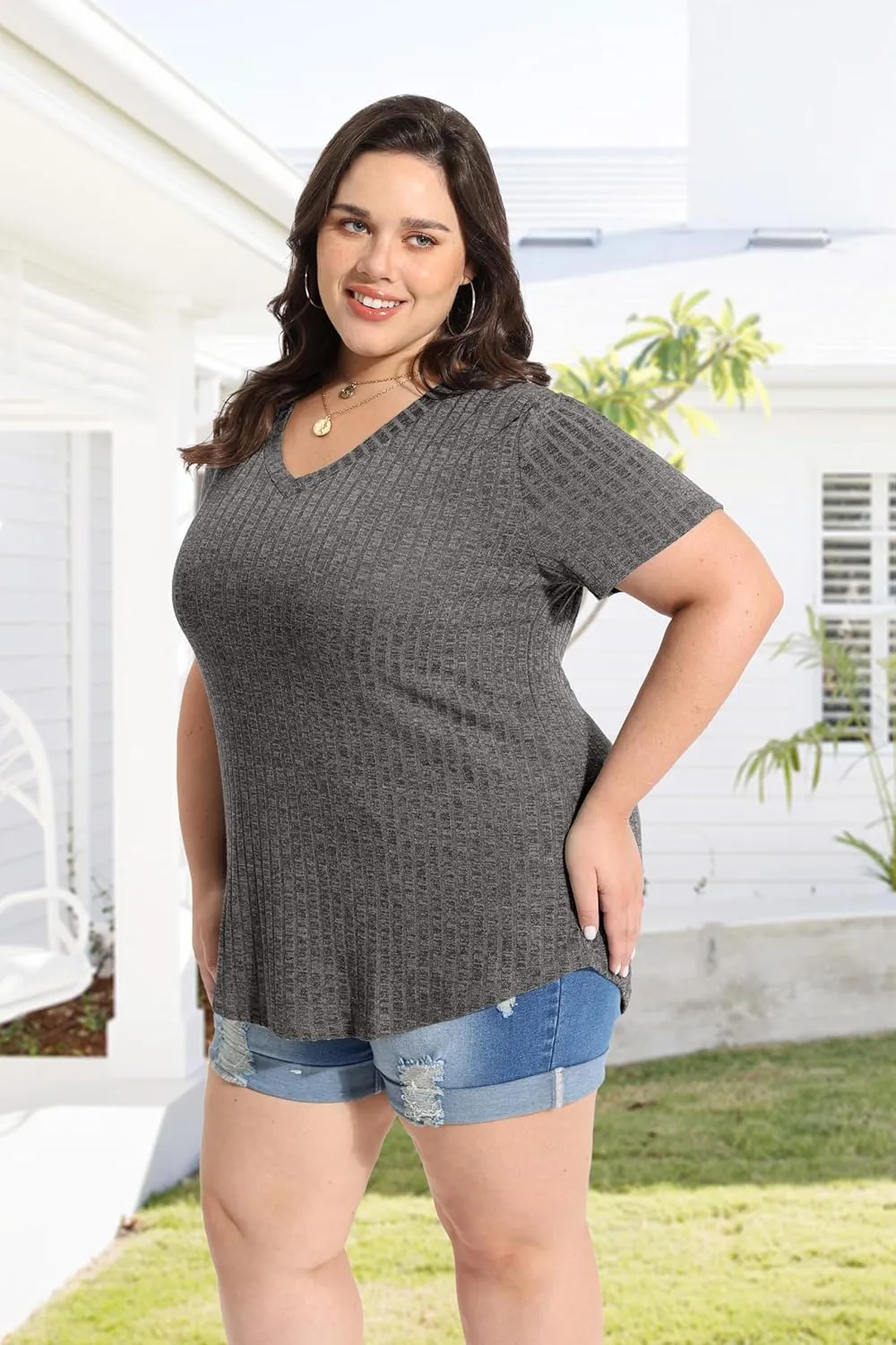 RITERA Plus Size Tops for Women Short Sleeve V Neck Solid Loose Ribbed T Shirts Causual Tunics Summer Tie Dye Blouse XL-5XL