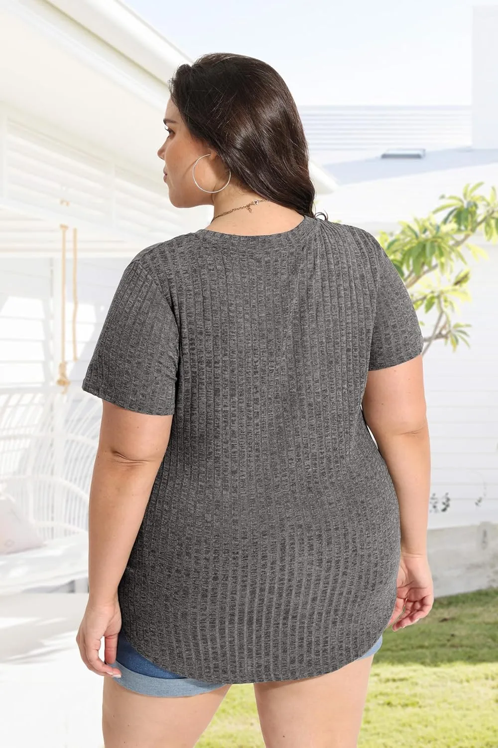 RITERA Plus Size Tops for Women Short Sleeve V Neck Solid Loose Ribbed T Shirts Causual Tunics Summer Tie Dye Blouse XL-5XL