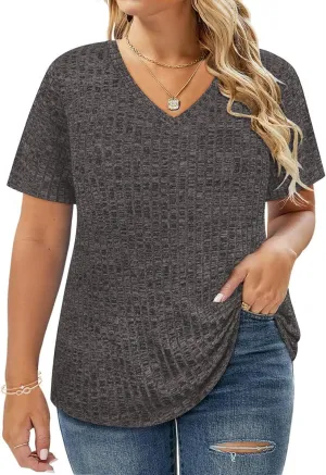 RITERA Plus Size Tops for Women Short Sleeve V Neck Solid Loose Ribbed T Shirts Causual Tunics Summer Tie Dye Blouse XL-5XL