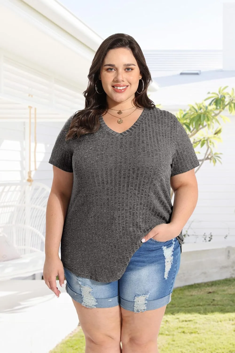RITERA Plus Size Tops for Women Short Sleeve V Neck Solid Loose Ribbed T Shirts Causual Tunics Summer Tie Dye Blouse XL-5XL