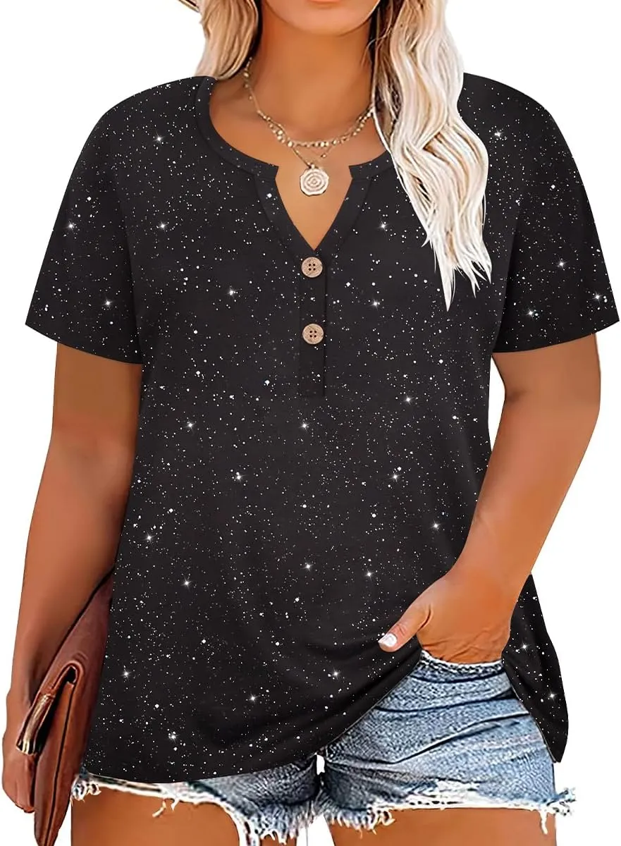 RITERA Plus Size Tops for Women V Neck Button Up Short Sleeve Henley Tshirt Casual Blouse Pullover Basic 12W 14W XL-5XL