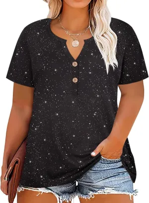RITERA Plus Size Tops for Women V Neck Button Up Short Sleeve Henley Tshirt Casual Blouse Pullover Basic 12W 14W XL-5XL