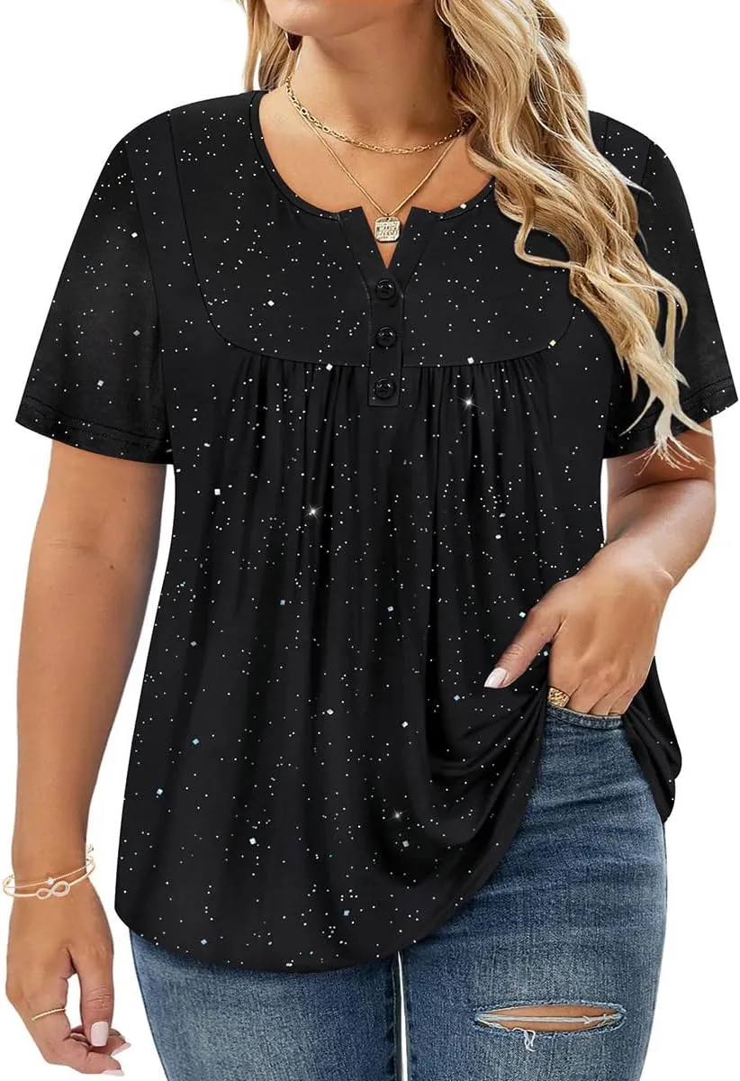 RITERA Womens Plus Size Casual Tops V Round Neck Tshirts Blouse for Women Girls Basic Summer Black Tops Solid Color XL 5XL