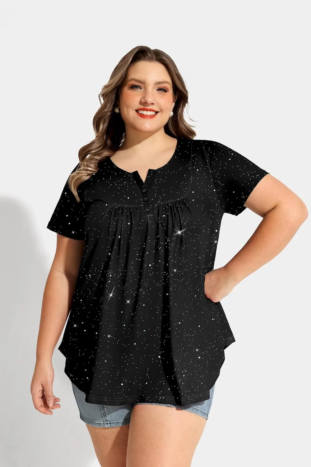 RITERA Womens Plus Size Casual Tops V Round Neck Tshirts Blouse for Women Girls Basic Summer Black Tops Solid Color XL 5XL