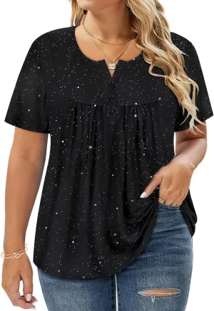 RITERA Womens Plus Size Casual Tops V Round Neck Tshirts Blouse for Women Girls Basic Summer Black Tops Solid Color XL 5XL
