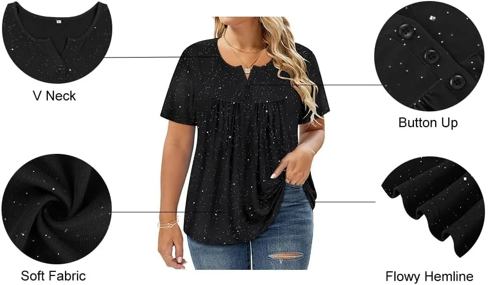 RITERA Womens Plus Size Casual Tops V Round Neck Tshirts Blouse for Women Girls Basic Summer Black Tops Solid Color XL 5XL