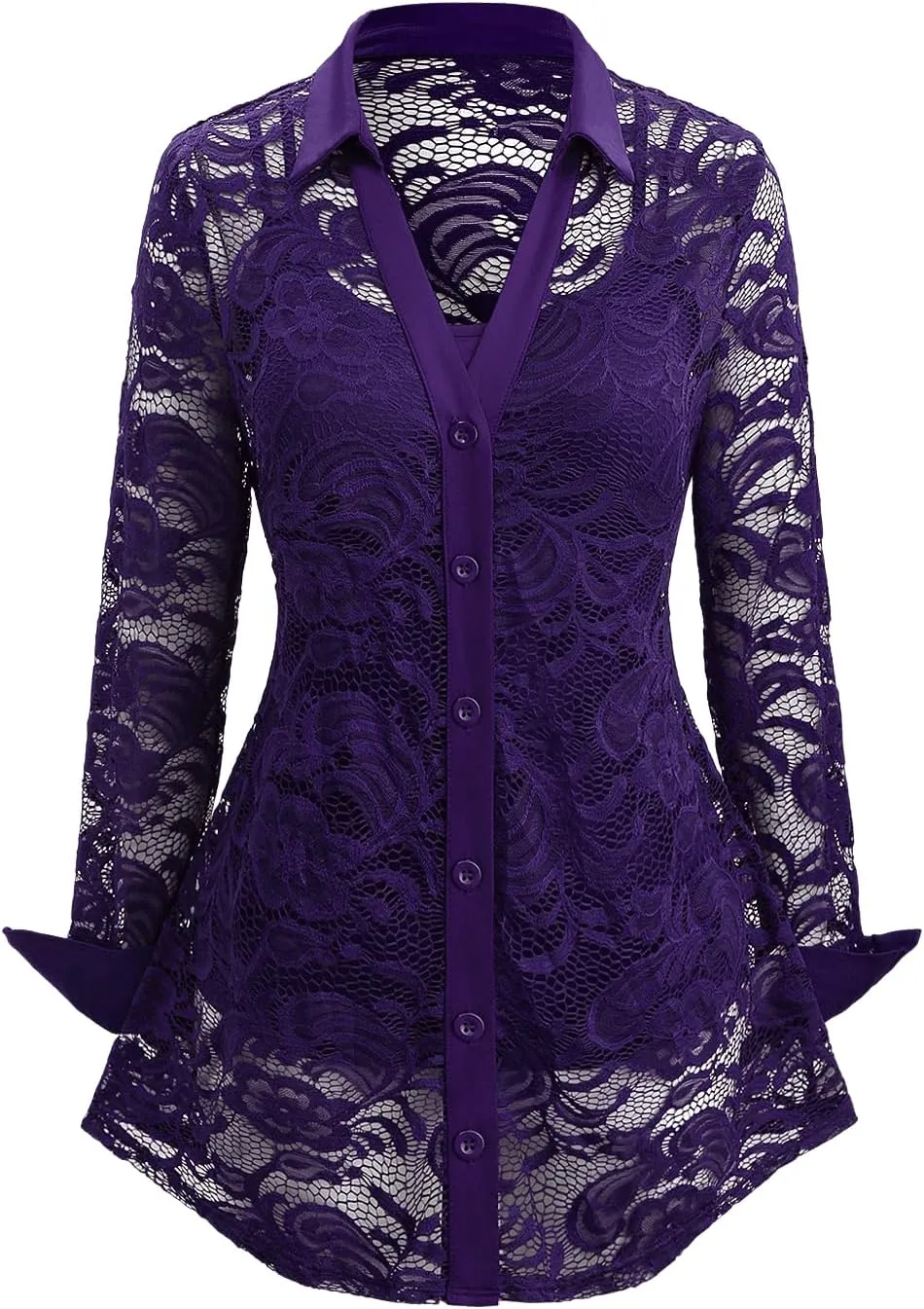 ROSE GAL Rosegal Womens Plus Size Sheer Lace Button Front Long Sleeve Blouse and Cami Top Twinset