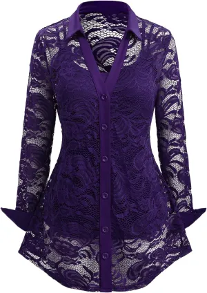 ROSE GAL Rosegal Womens Plus Size Sheer Lace Button Front Long Sleeve Blouse and Cami Top Twinset