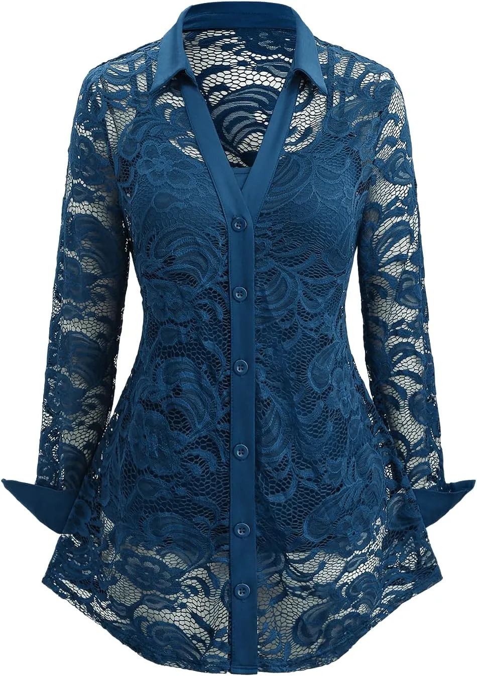 ROSE GAL Rosegal Womens Plus Size Sheer Lace Button Front Long Sleeve Blouse and Cami Top Twinset