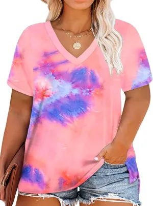 ROSRISS Womens Plus Size Short Sleeve T Shirt V Neck High Low Tops Blouse Tunics with Side Split
