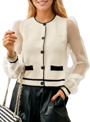 Saodimallsu Womens Dressy Sheer Mesh Puff Sleeve Cardigan Sweaters Color Block Button Shirts Crewneck Knit Blouse Tops