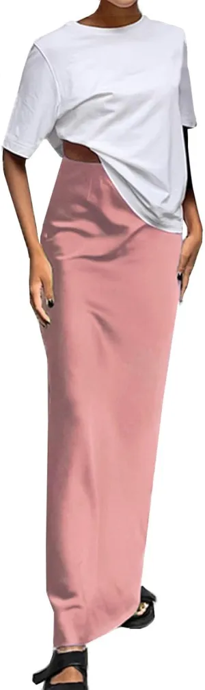 Satin Maxi Skirt for Women High Waist Silky Elegant Zipper Ankle Length Slim Solid Color Bodycon Fishtail Skirts