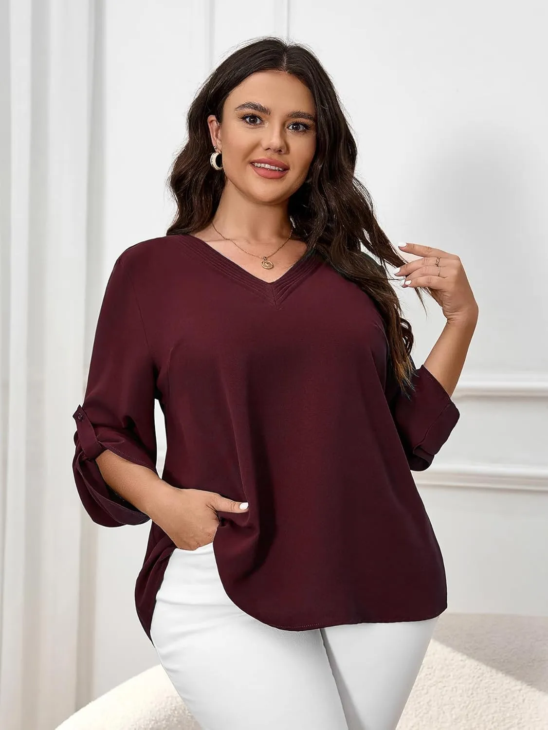 SCOMCHIC Women's Plus Size Blouses 3/4 Cuffed Sleeve Dressy Tunic Tops V Neck Casual Loose Blouse Pleated Shirts